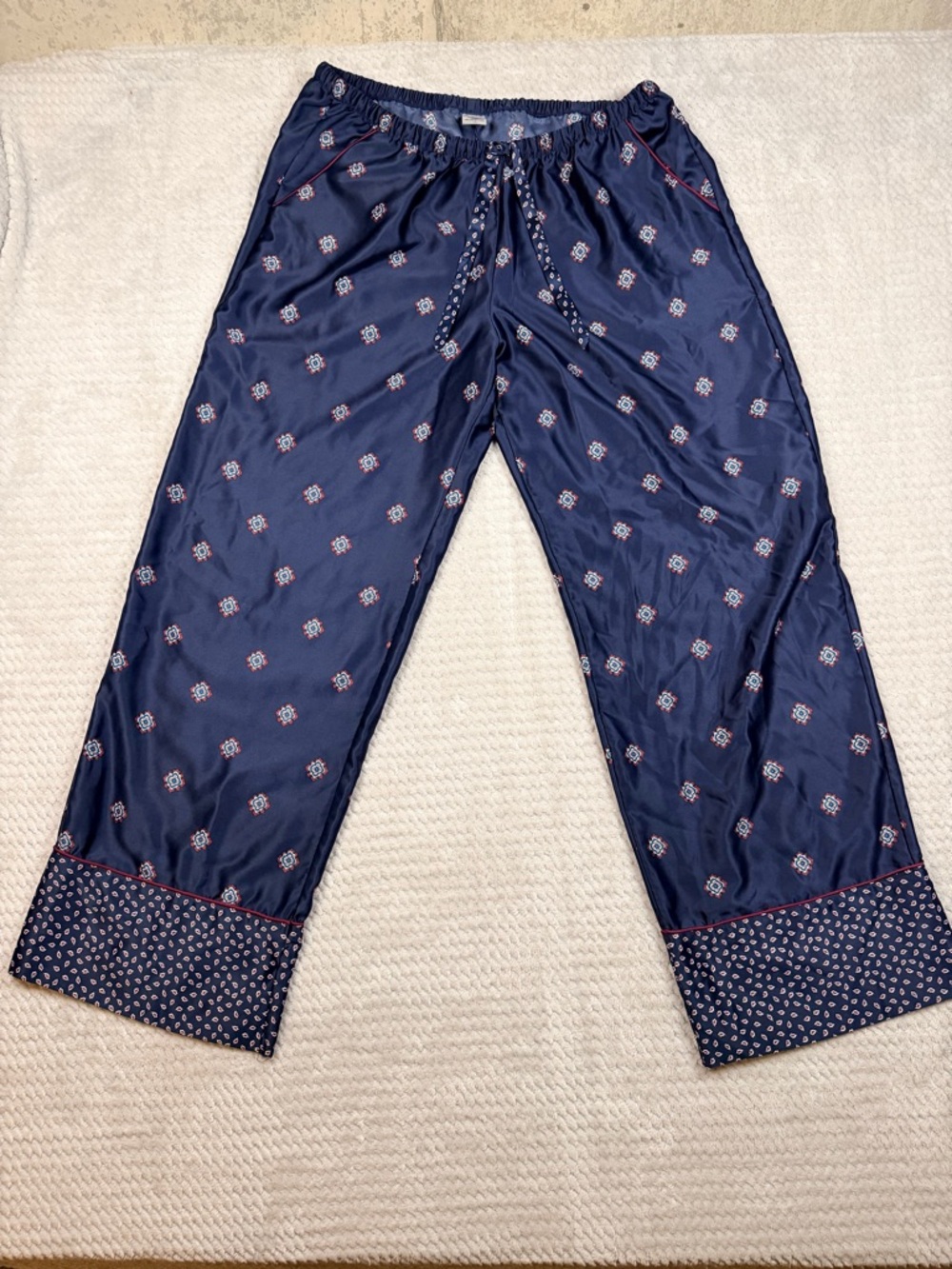 In Bloom Poly Satin Navy Two-Piece Women's Pajama Set with Printed Trim - Picture 6 of 11
